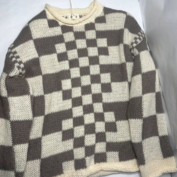 NWT Bibi Mixed Checkered Chunky Knitted Sweater Comfy Mocha Brown Beige Womens - Picture 5 of 8